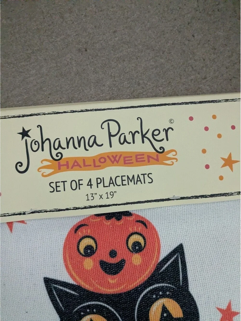 Johanna Parker Set 4 Placemats NWT Rare & 3 Dish towels Cats Pumpkins Halloween